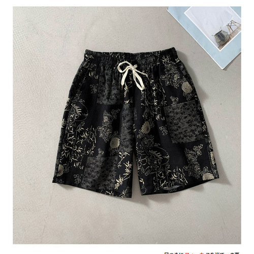 2025 summer new cotton and linen shorts printed youth slim sports shorts European size cross-border foreign trade high-end quarter pants