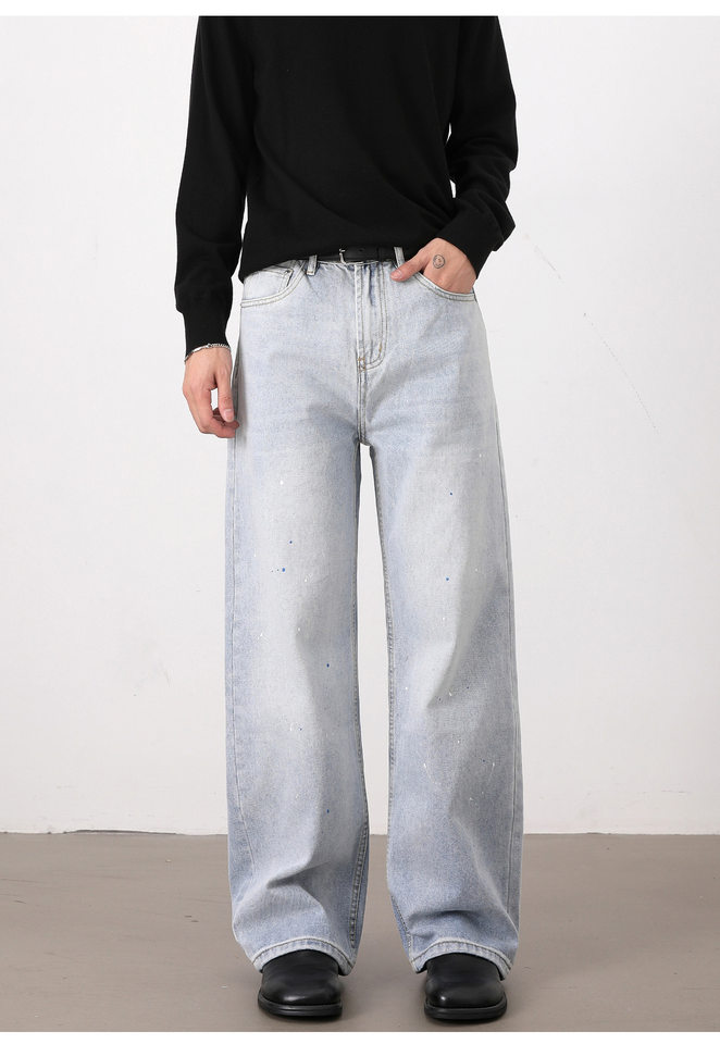 Quần jeans nam ống rộng dáng suông giặt mài họa tiết vẩy mực — Màu xanh dương chi tiết 10