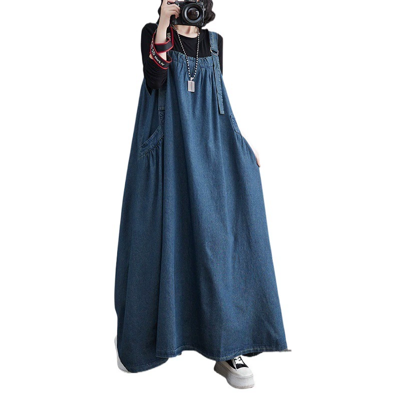 Реальный выстрел в наличии весна/лето осень платье ретро свободное облегающее джинсовое платье на подтяжках длинное большое свободное платье