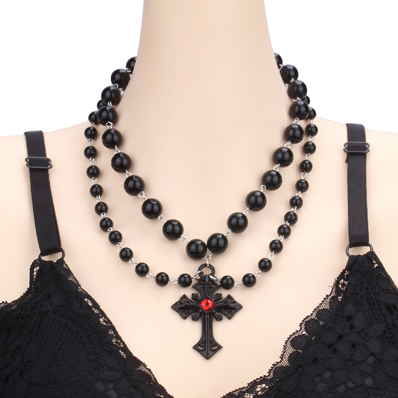 Collier avec pendentif en forme de croix et de perles pour Halloween, style punk hip-hop, personnalité sombre_voghion.com