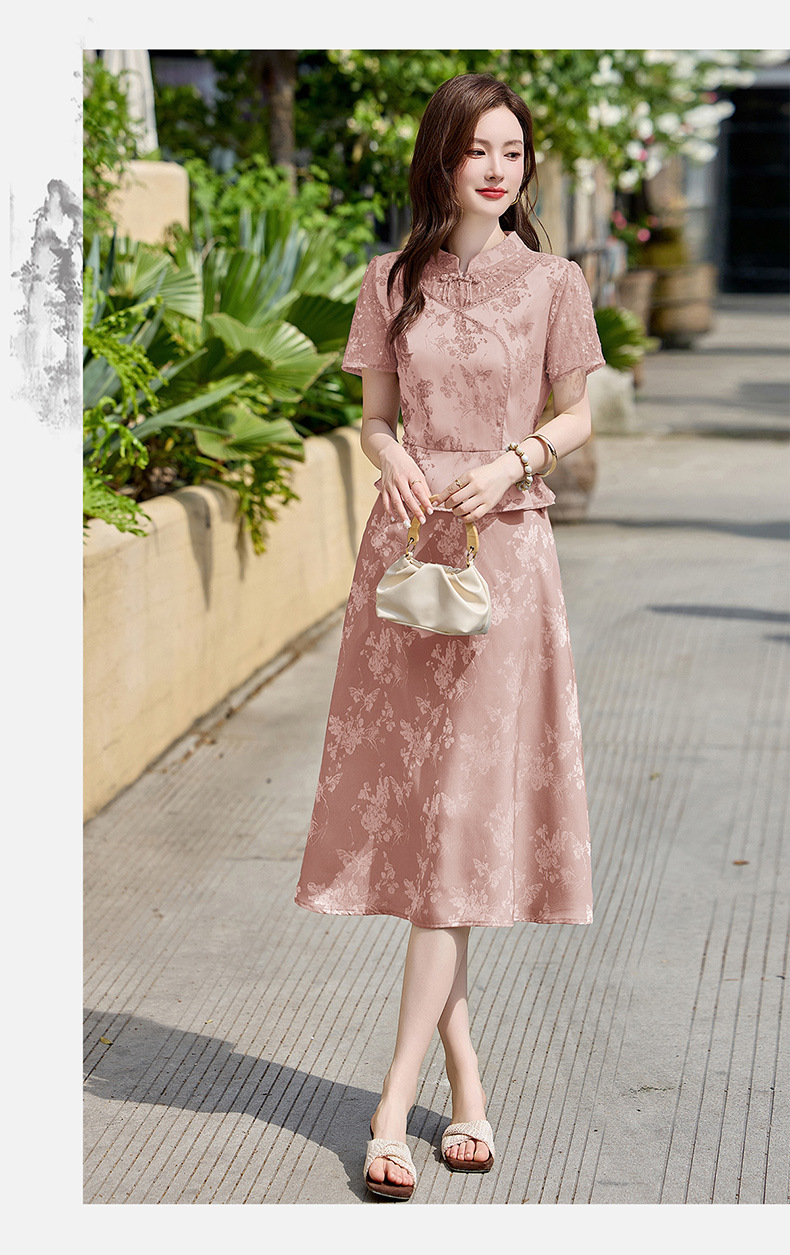Đầm maxi nữ tân cổ điển cổ đứng đính hạt cườm, phối ren, họa tiết jacquard, thiết kế giả hai lớp LX2625 — xanh lam, Màu hồng chi tiết 23