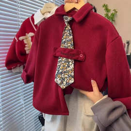 男童国风新中式拜年服红色衬衫外套206新款中大童翻领灯芯绒正装