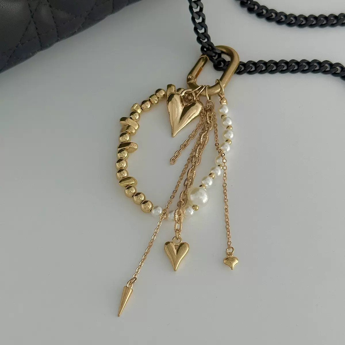 欧美跨境饰品 简约爱心CCB珠挂件包链 仿珍珠铆钉吊坠裤链钥匙扣