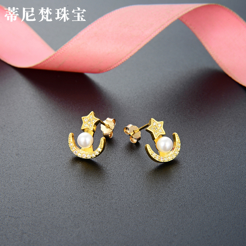 Fresh star moon circón accesorios pendientes de Corea del Sur s925 pendientes de perlas de plata pendientes de moda de las mujeres al por mayor