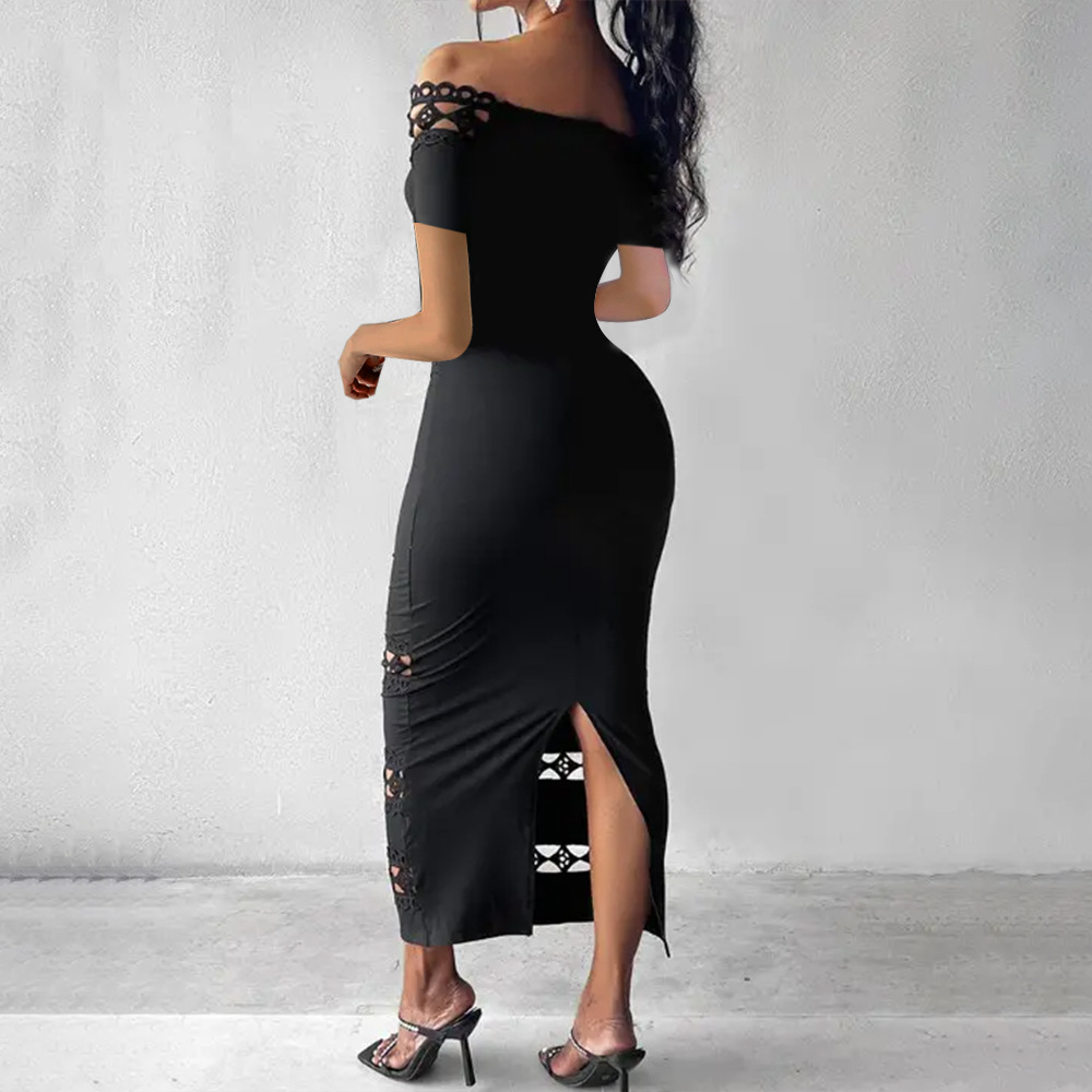 420g Weight Maxi Long Dress Dress Length Type Short Sleeve Sleeve Length Sheath Dress Dresses Type Polyester Fabric Type Wholesale Women's Sexy Lace Solid Color Holiday Daily Date Boat Neck Short Sleeve Sheath Dress