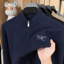 鸟家刺绣含羊毛衫开衫立领加厚纯色冬季针织衫拉链保暖毛衣男外套