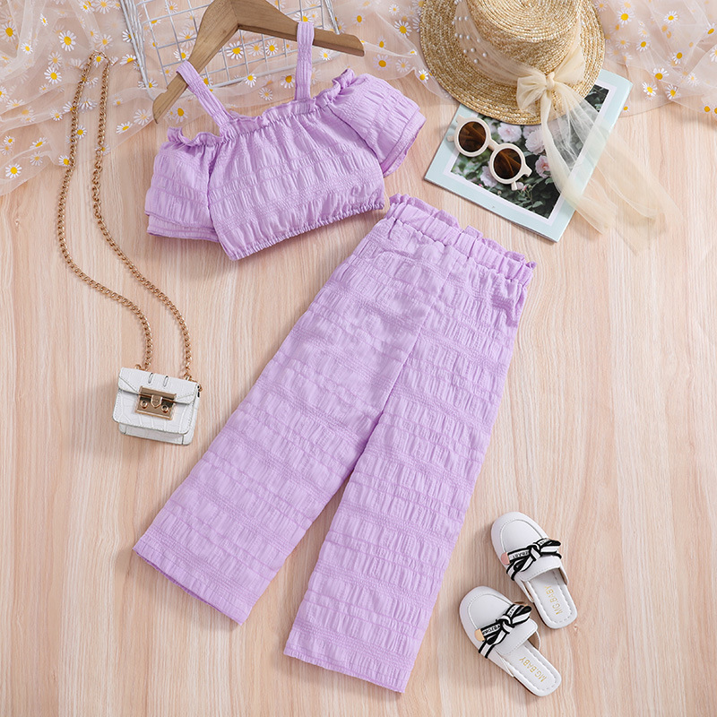 2024 Sommer Kinderkleidung Neue modische Mädchenkleidung mit Hosenträgern, kurzärmeligen Oberteilen, langen Hosen, Mädchenset_voghion.com