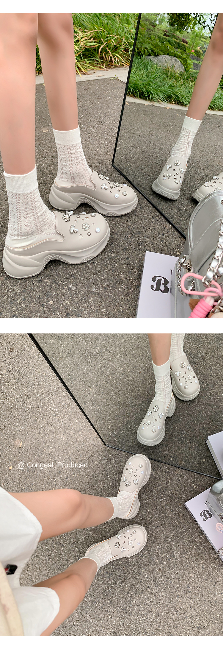 Dép lê bít mũi độn cao da thật 7cm cho nữ, phong cách sandal lỗ xốp mùa hè, đính ngọc trai đinh tán — Màu trắng, Màu xám chi tiết 19