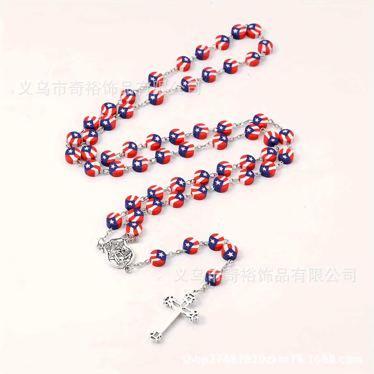 Handmade Curved Needle 59 Soft Pottery Flat Beads Cross Rosary Necklace Wholesale Jewelry
