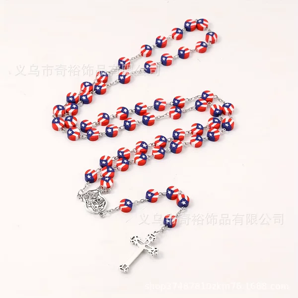 Handmade Curved Needle 59 Soft Pottery Flat Beads Cross Rosary Necklace Wholesale Jewelry