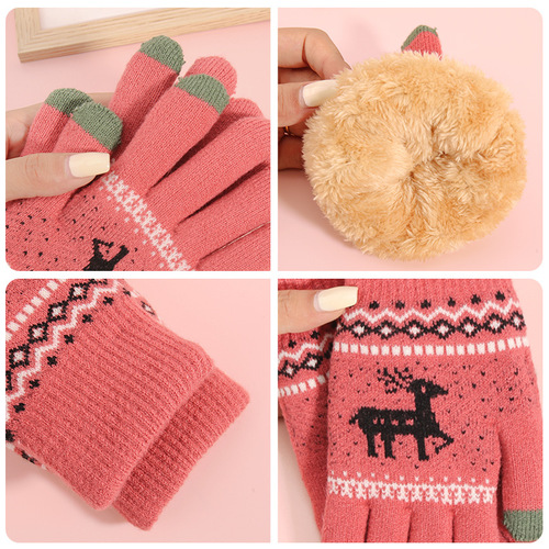 Touchscreen Glove for Women - Winter Korean Style, Street Vendor, Fleece Lined, Thick, Coldproof, Small Deer Knitted Warm Gloves
