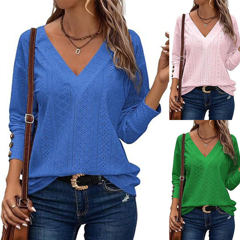 2025 Cross-Border European and American Women's Tops, Fashionable and Casual V Neck Long-Sleeved Button-Down Cut Out Lace Embroidered Shirts