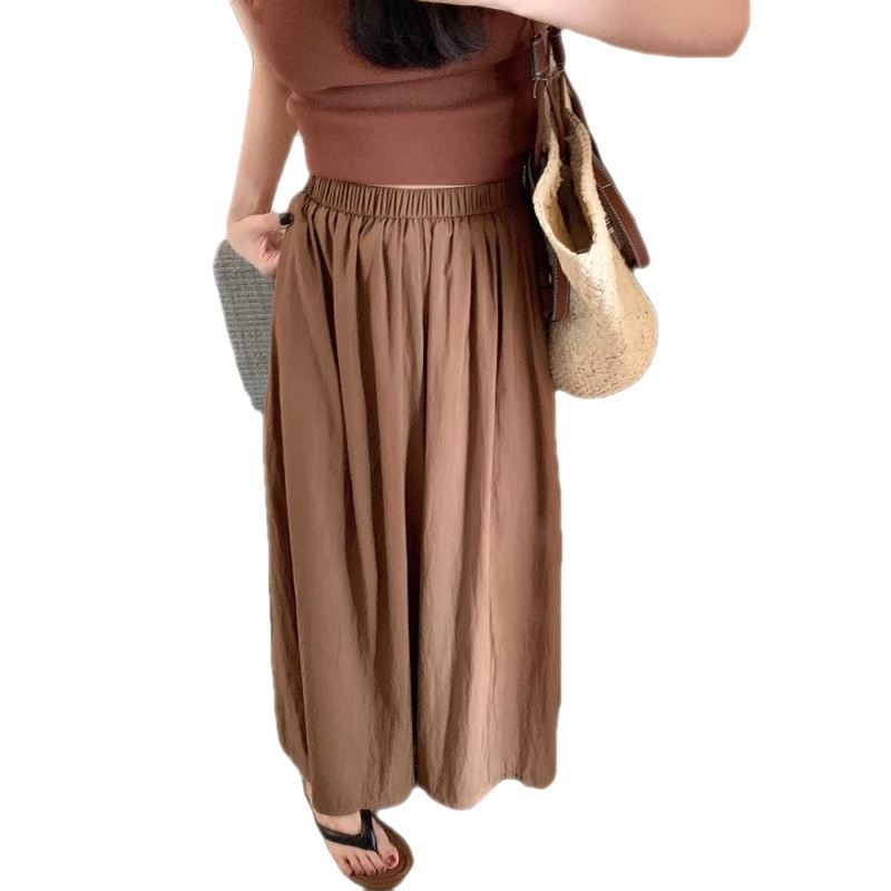 Textured casual trousers for women new retro high waist slim design solid color wide leg skirt pants_voghion.com