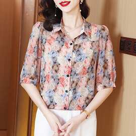 品牌真丝衬衫女夏季2026年新款气质小衫半袖衬衣减龄妈妈洋气上衣