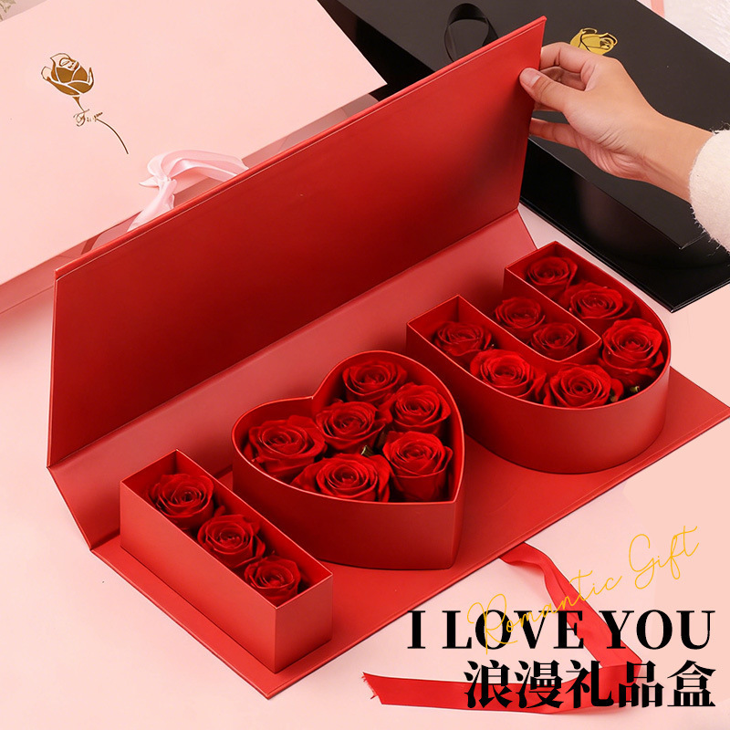 Cross-Border Hot-Selling Valentine's Day Eternal Flower Rose Gift Box with Gold Stamping, Trendy and High-End, Romantic Packaging Box for Girlfriend