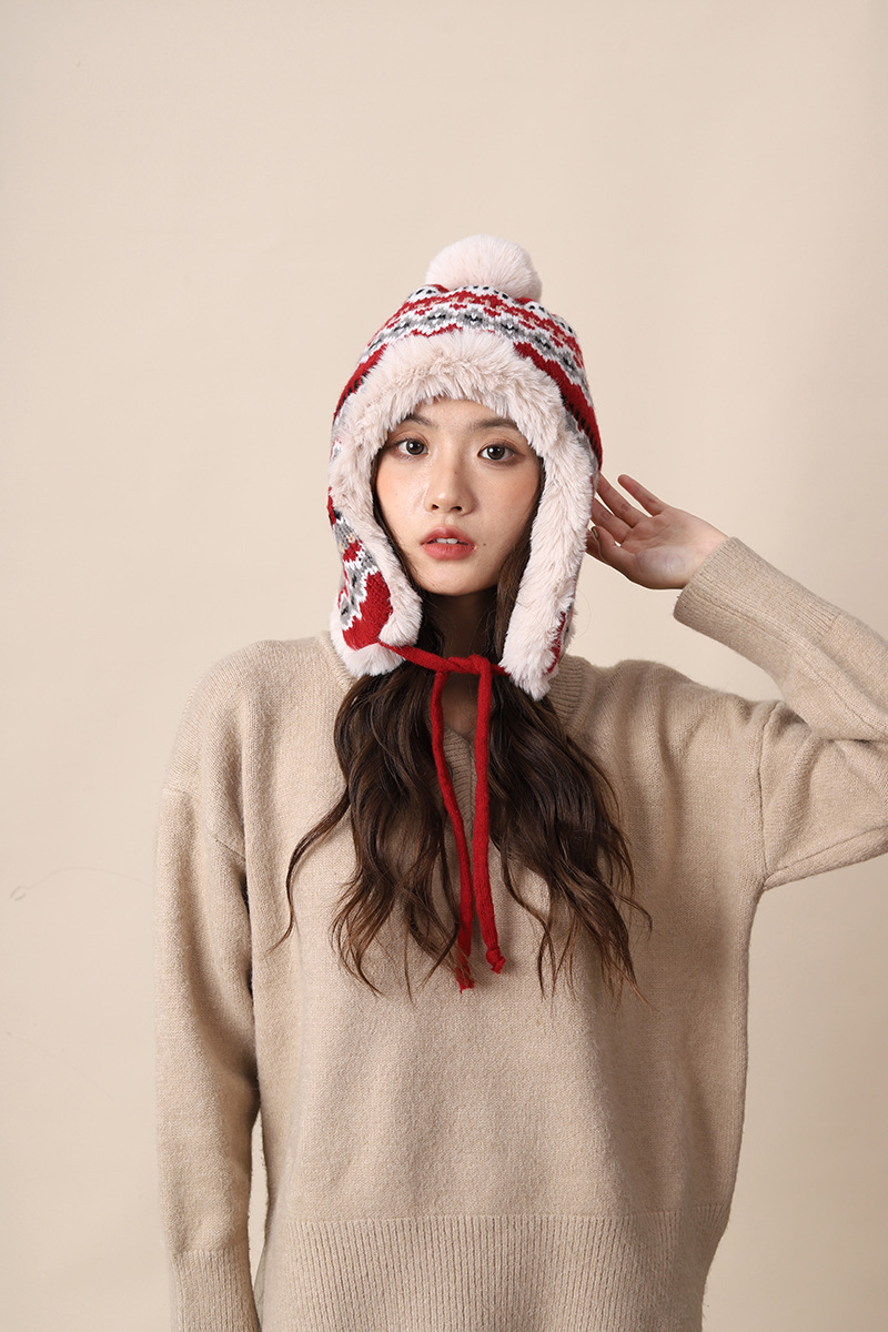 Knitted women in autumn winter, thickened warm, highlighting face and small ear protection, plush for cycling, cold_voghion.com