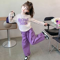 女童韓版春秋季套裝2023新款兒童甜美字母印花上衣工裝長褲兩件套