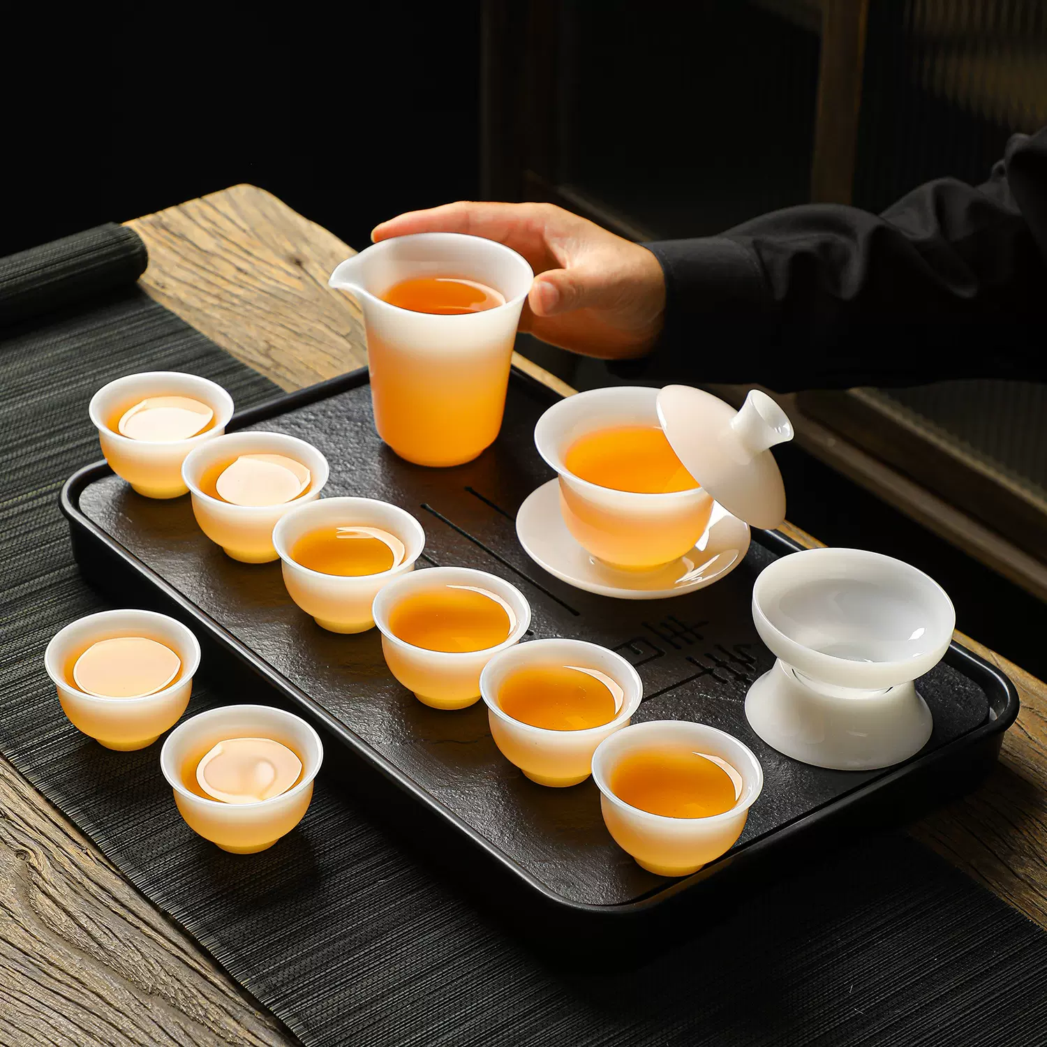 冰种璞玉功夫茶具三才盖碗泡茶器套装办公会客家用陶瓷全套泡茶杯