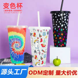 2026新款圣诞节感温遇冷变色杯 定制710ml单层塑料吸管变色杯子