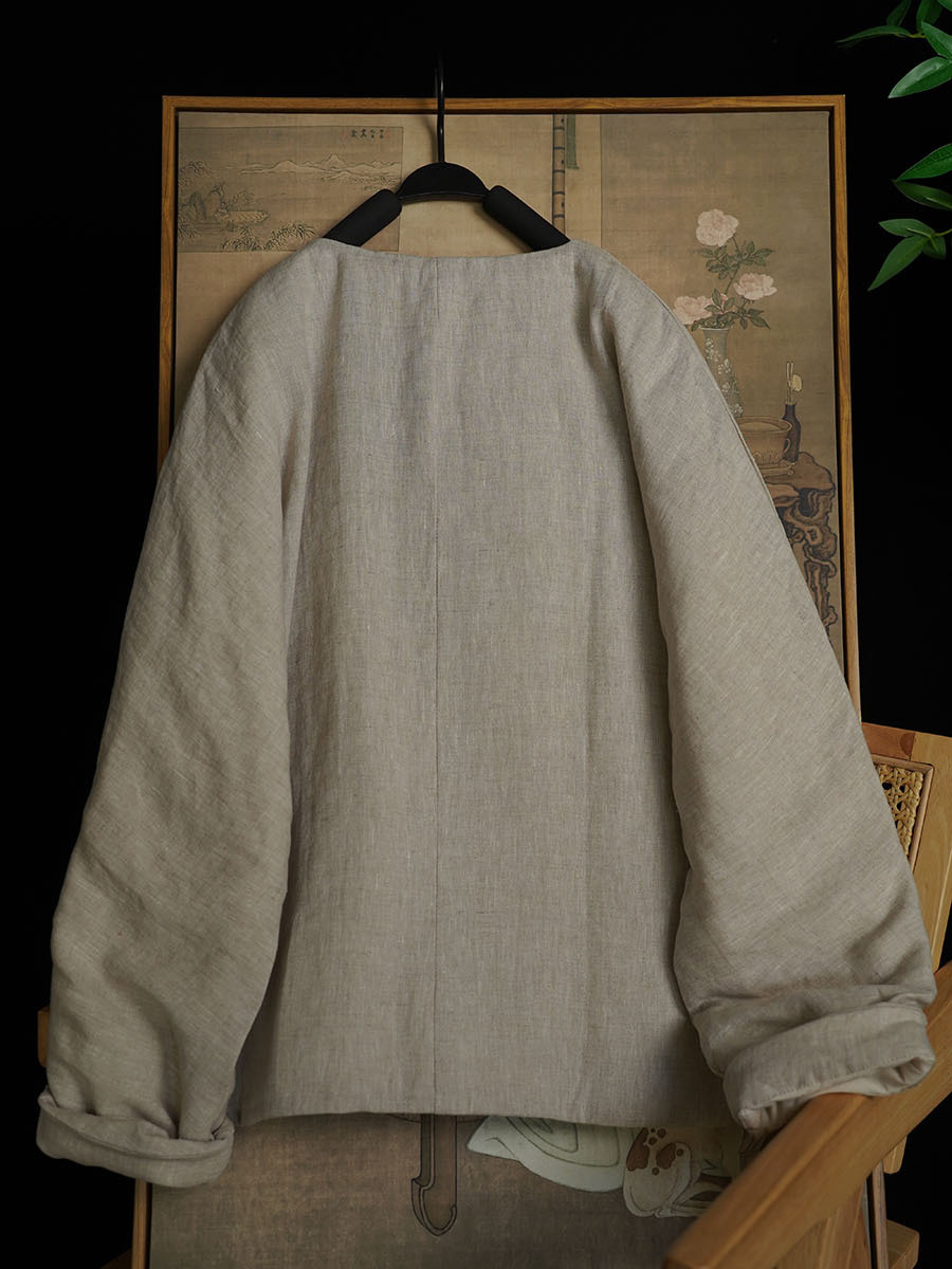 2024冬の新型復古風純色亜麻丸襟斜襟手回しボタン側開綿服351x