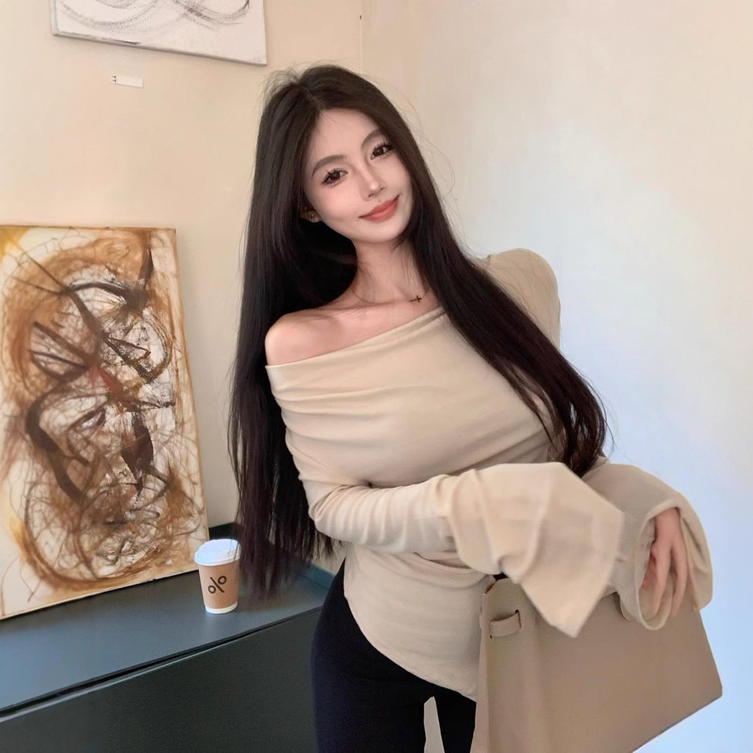 Modal Rayon 260 Grams # Korean Style Gray High-End One-Shoulder Long-Sleeved Slim-Fitting Inner Bottoming Top