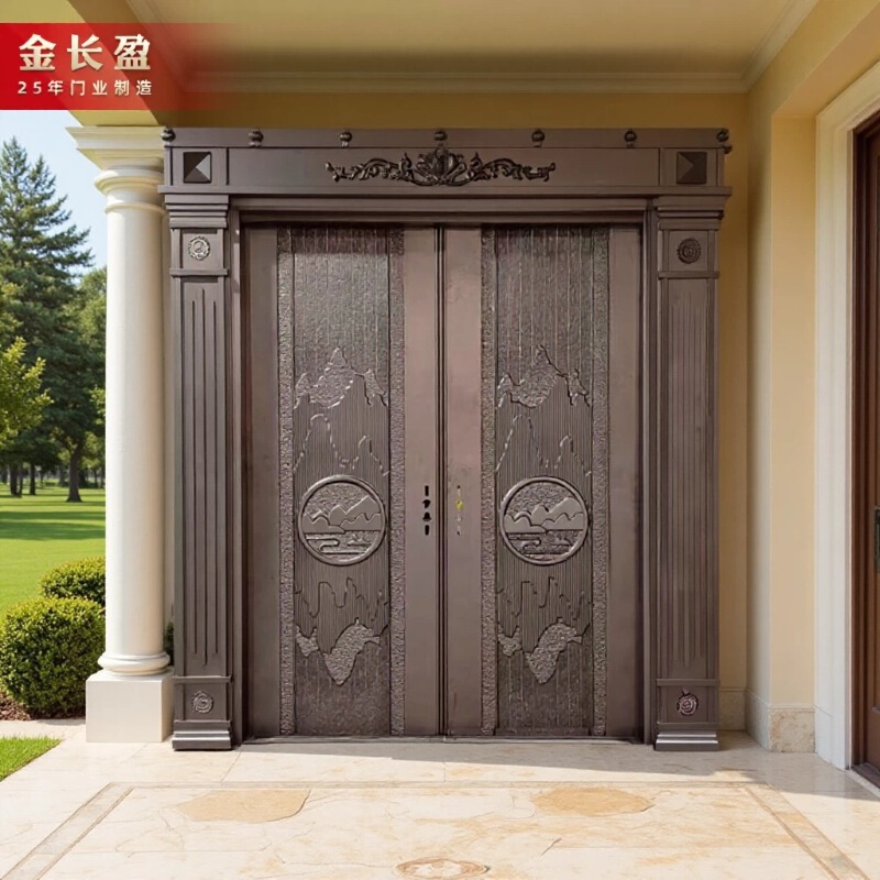 Aluminum Carved Courtyard Door, Rural Double Six-Panel Entry Door, Roman Column Luxury Cast Aluminum Door, Chinese-Style Villa Entrance Door