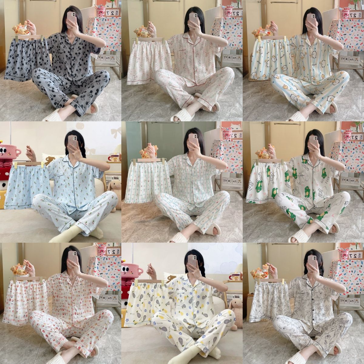 Empaquetado fuera de una sola nube pijamas de algodón de tres piezas para mujer verano dulce pantalones cortos de manga corta ropa de dibujos animados para el hogar