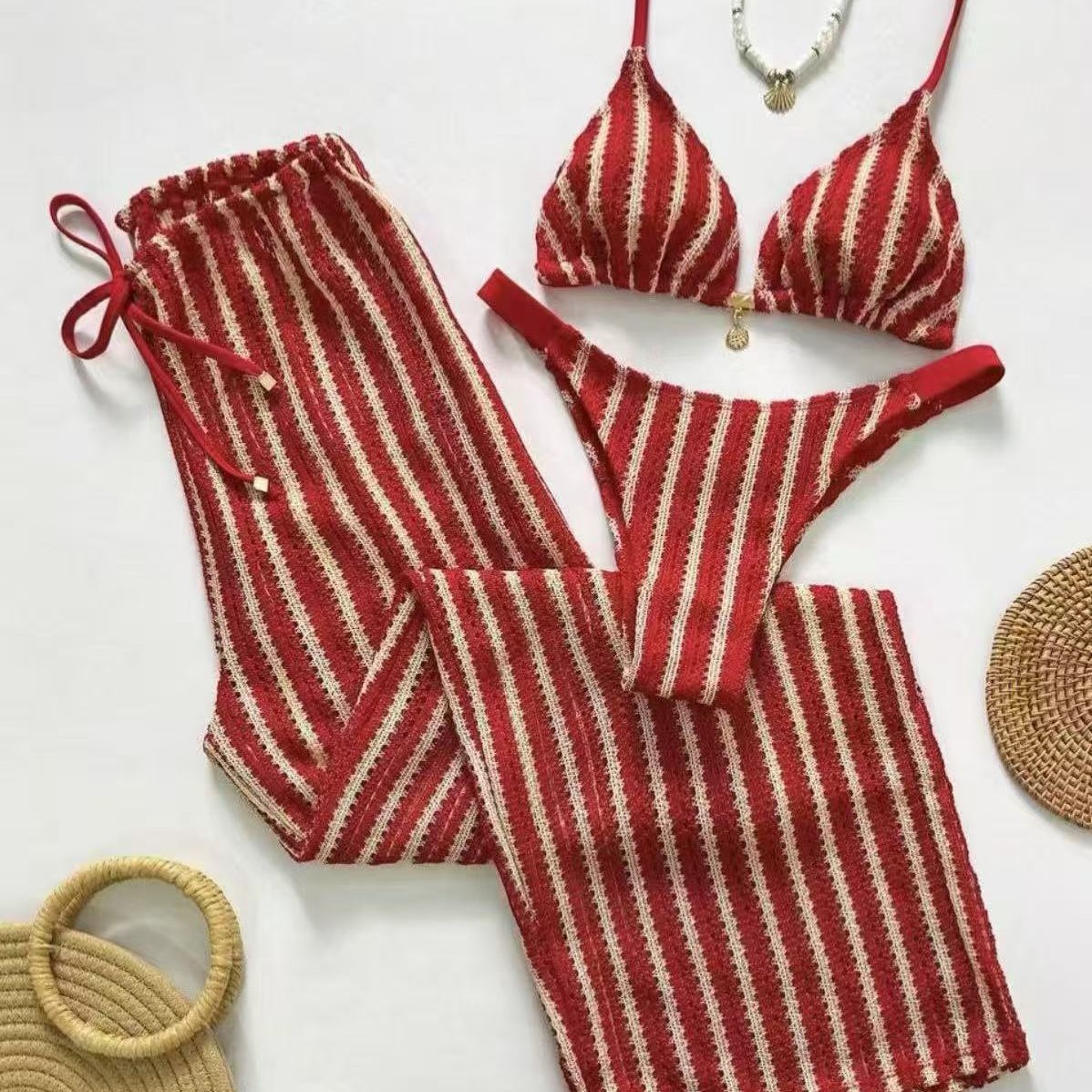 Cross-Border Foreign Trade Export European and American Fashion Sexy Striped Three-Piece Swimsuit Split Bikini for Women
