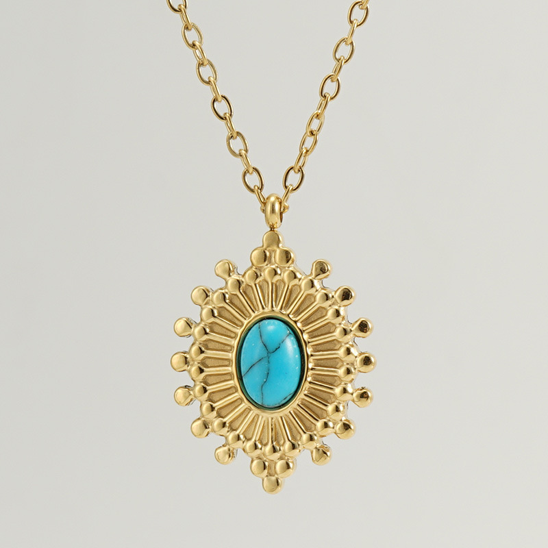 1 Pièce Style Simple Ovale Acier Inoxydable Acier Au Titane Placage Incruster Turquoise Pendentif display picture 1