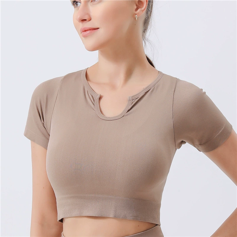 Amazon Йога с коротким рукавом женский v-образный воротник профессиональный впитывающий пот бесшовный дышащий фитнес-футболка спортивная узкая одежда