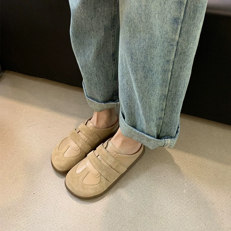 Туфли Birkenstock на мягкой подошве на липучке для женской верхней одежды, лето 2024, новый стиль, простой стиль, мягкие кожаные полутапочки на плоской подошве с носком