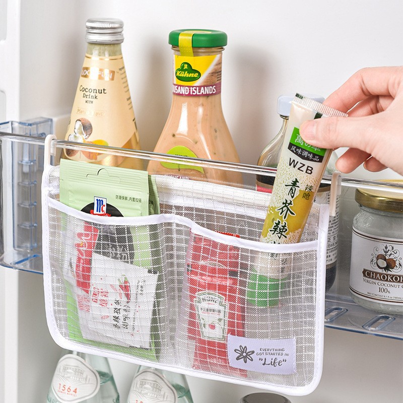 Refrigerator storage mesh bag hanging household kitchen classification storage bag multi-function double compartment refrigerator storage hanging bag