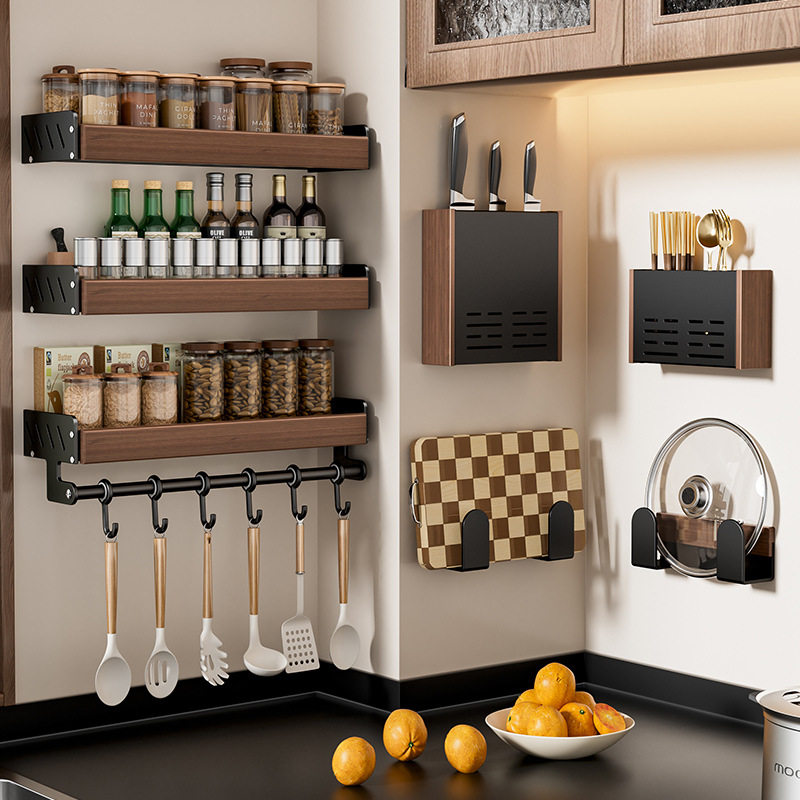 Walnut Kitchen Storage Rack Antique Punch-Free Multi-Layer Solid Wood Pot Cover Knife Chopsticks Spoon Seasoning Wall-Mounted Storage Rack