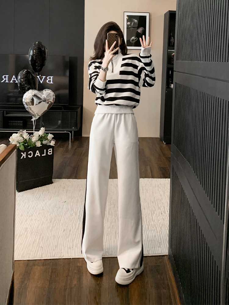 街頭レジャー風少女活力スポーツスーツ女性秋ジッパー縞上着高腰広脚ズボン2点セット