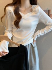 纯色简约V领长袖T恤女春秋磨毛打底衫韩版内搭修身显瘦上衣服