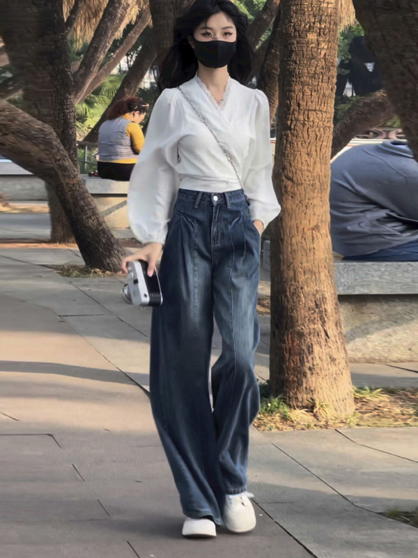 复古蓝色垂感阔腿牛仔裤女春秋新款大码胖mm宽松显瘦直筒拖地裤子|undefined