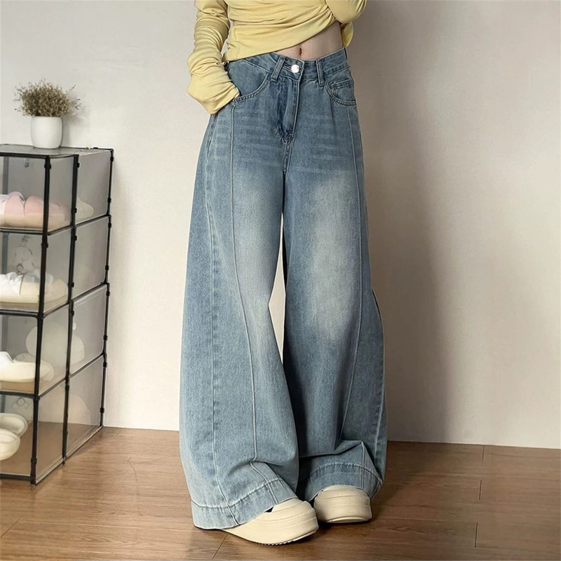 Women's loose wide-leg jeans for pear-shaped body, slimming effect, drapey straight-leg pants for petite women Women's loose wide-leg jeans for pear-shaped body, slimming effect, drapey straight-leg pants for petite women