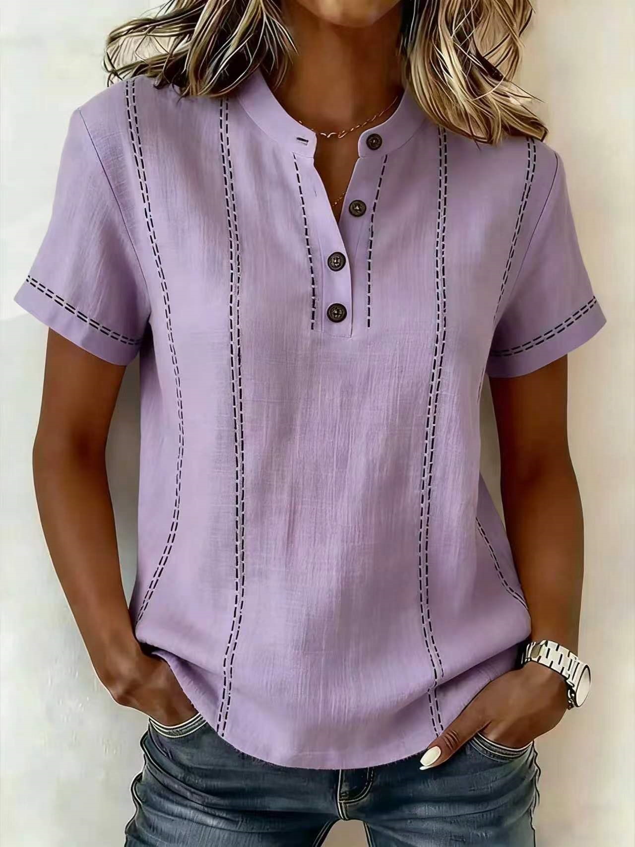 Transfronterizo 2026 estación independiente Amazon verano relajado casual explosión impresa botón de cuello de pie camisa de mujer de manga corta