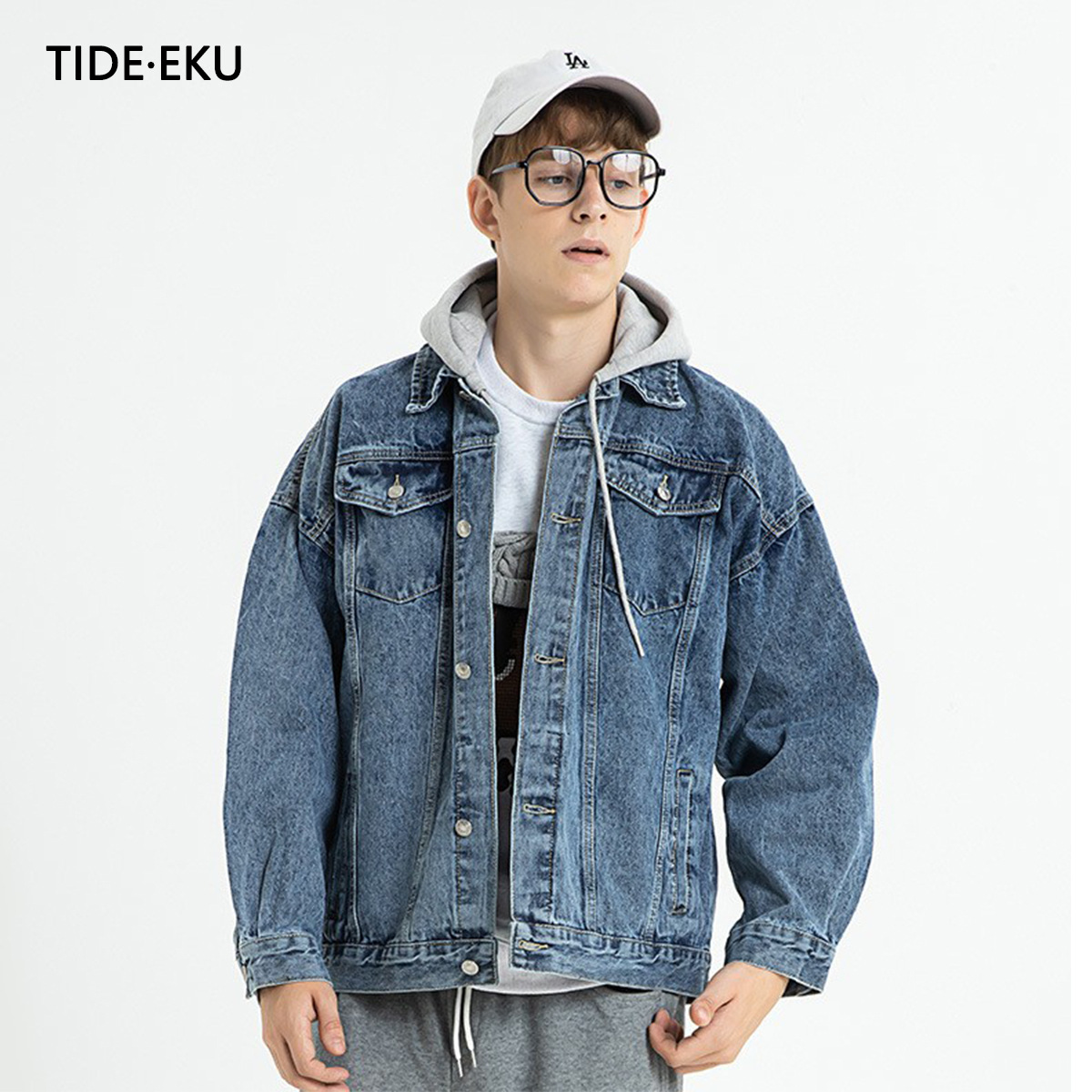 Tideeku Denim Jacket for Men, Trendy Brand, Spring and Autumn Style, Men's Hooded Loose Workwear Style Jacket, Stylish for Women