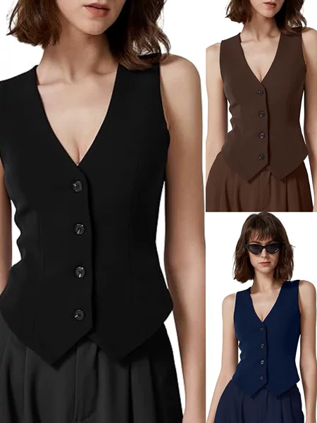 2025 New European and American Women's Vest Women's Fashion Sleeveless Buttoned V Neck Navel Top Summer Vest Vest