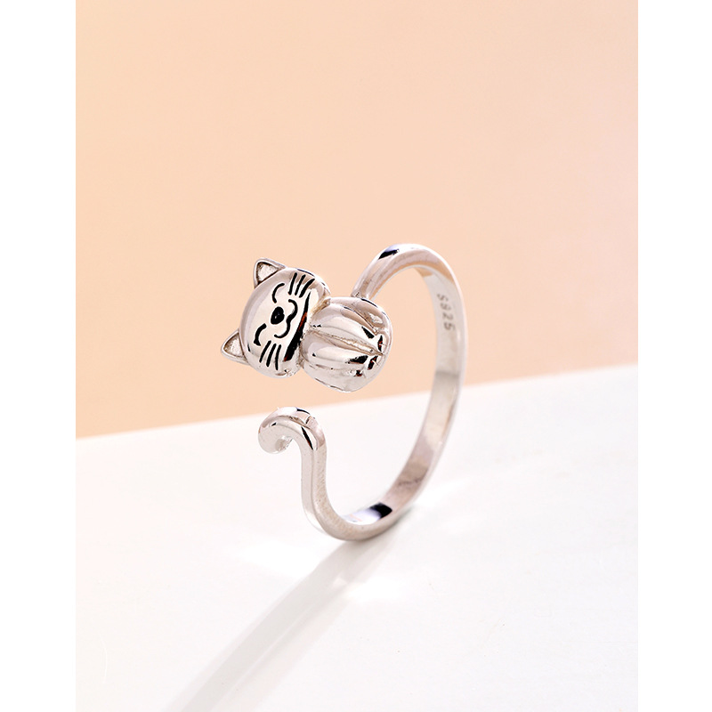 temu transfronterizo nuevo anillo de gato de plata esterlina 925 mujeres ins japonés y coreano diseño de nicho simple abertura de anillo de niña