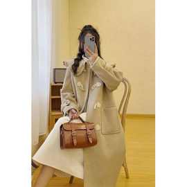 毛呢子外套女秋冬季中长款夹棉牛角扣大衣上衣