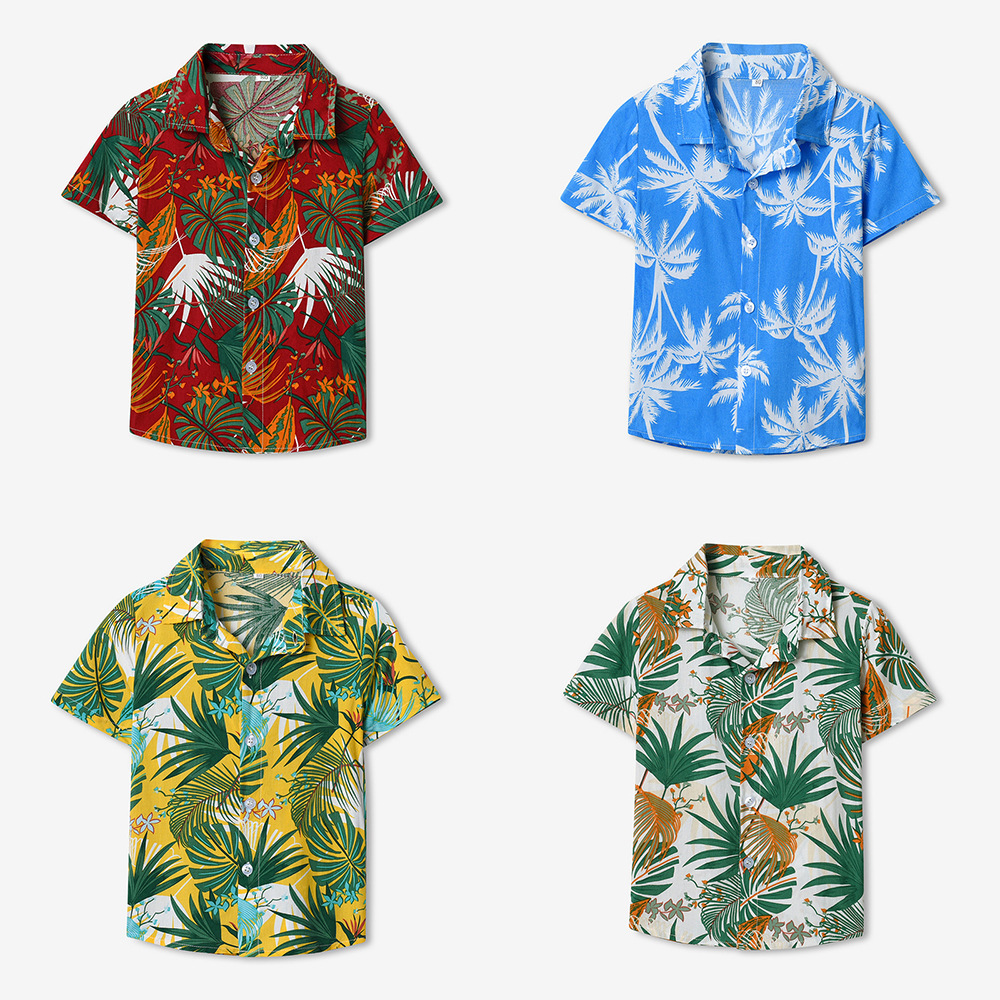 Camisa de flores hawaiana verano manga corta solapa camisa de vacaciones para padres e hijos ropa familiar camisa de flores casual de playa europea y americana