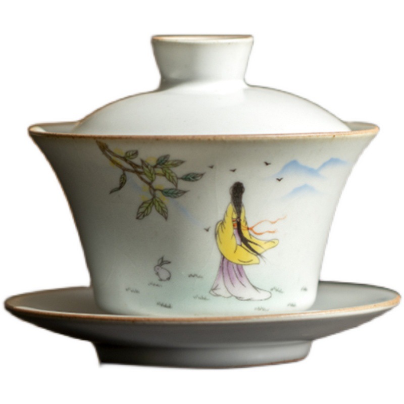 Tazón de fuente de la cubierta del horno de estilo japonés Ru Zen Juego de té de Kung Fu de cerámica de estilo chino Tazón de té solo hogar de tres talentos Ru