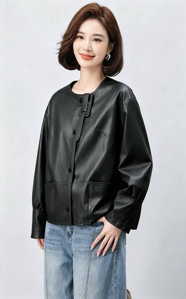 Áo khoác da nữ dáng ngắn ôm vừa, cổ lập, tay dài, phong cách thanh lịch — Cam Hermès, đen chi tiết 21