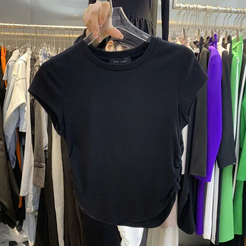 Ins sluts pure desire waist-cinching t-shirt short-sleeve women's summer solid color base crew neck top women's fashion