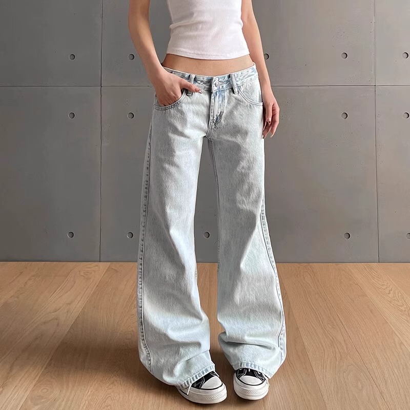 American-Style Spicy Girl Washed Light Blue Low-Waist Jeans, New Spring/Summer Slim-Fit Slimming Long Pants for Women, Trendy American-Style Spicy Girl Washed Light Blue Low-Waist Jeans, New Spring/Summer Slim-Fit Slimming Long Pants for Women, Trendy
