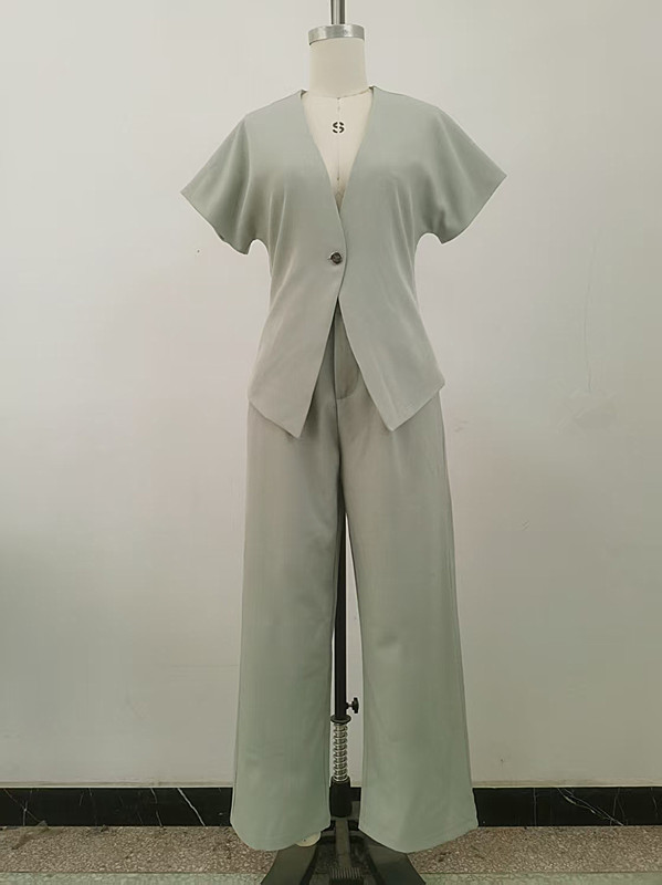 Summer Women's Solid Color Short Sleeve Top And Straight Leg Pants Set_voghion.com