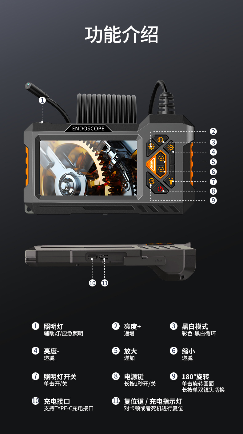 高清工业内窥镜P70X防水4.3寸屏管道探测器汽车维修检测8mm双镜头