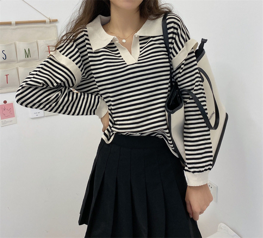 Contrast Stripes Loose Long-Sleeved Sweater NSFYF85648